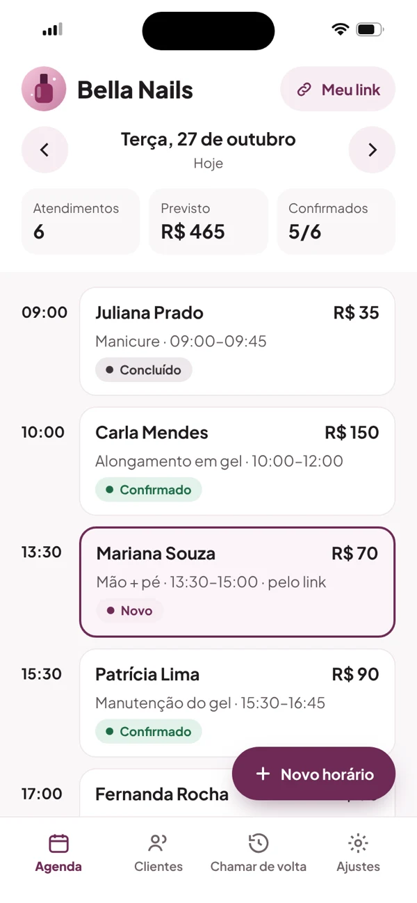 Tela do app Agenda Cheia: agenda do dia da Bella Nails com 6 atendimentos, R$ 465 previstos, status de cada cliente e um novo agendamento feito pelo link