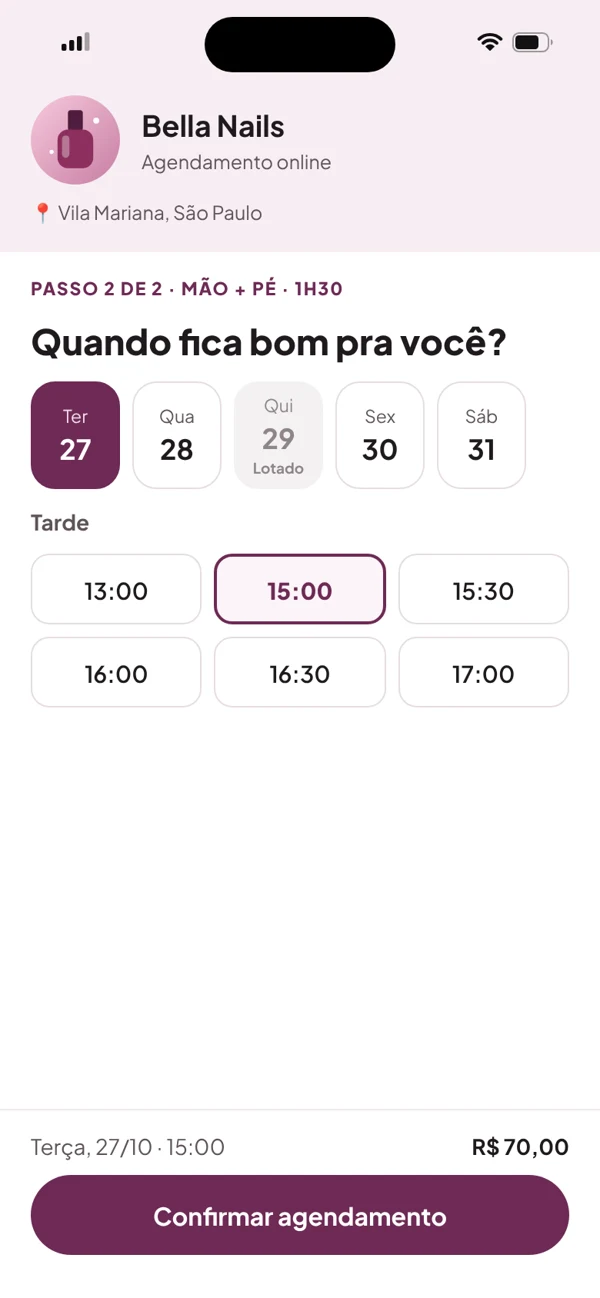 Link de agendamento, passo 2: a cliente escolhe o dia e um horário livre e confirma; o dia lotado aparece bloqueado