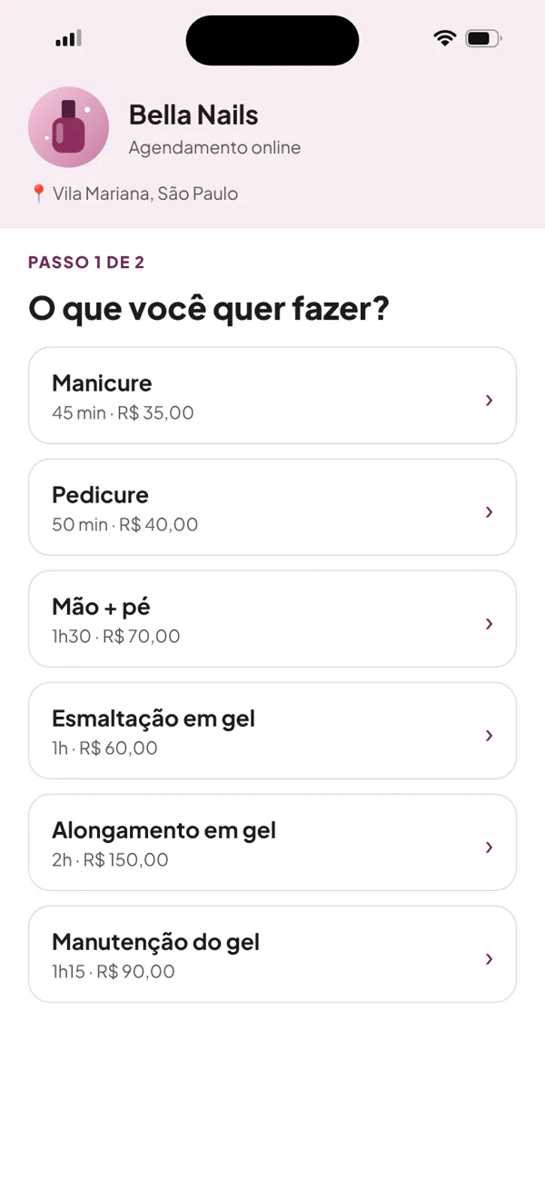 Link de agendamento da Bella Nails, passo 1: a cliente escolhe o serviço, com duração e preço de cada um