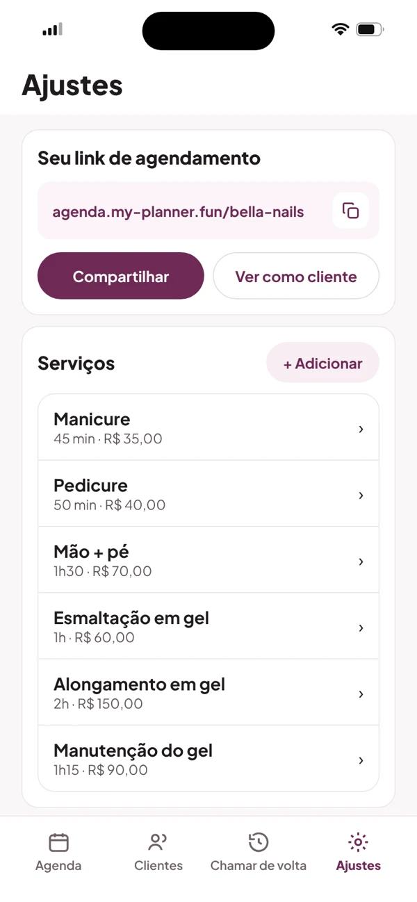 Ajustes do app: seu link de agendamento com botão de copiar e a lista de serviços com duração e preço